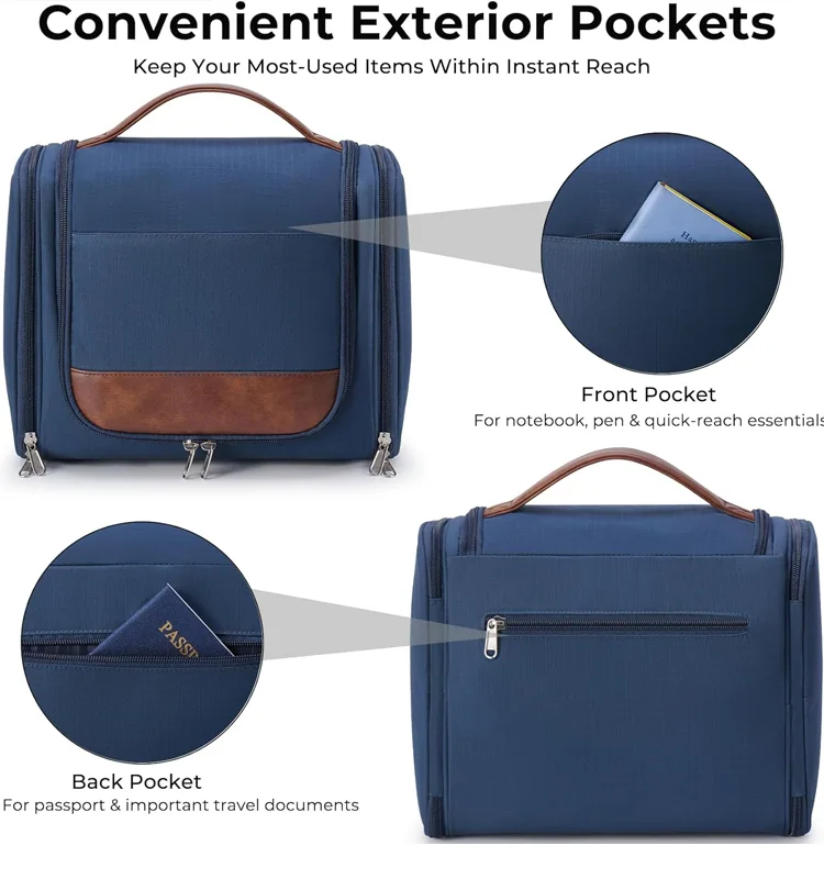 Exterior pockets on the waterproof hanging toiletry bag